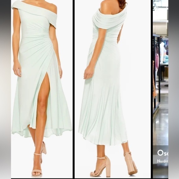 NWOT Mac Duggal Mint Green Foldover Ruched One-Shoulder Chiffon Midi Dress Sz 2 - Picture 1 of 7